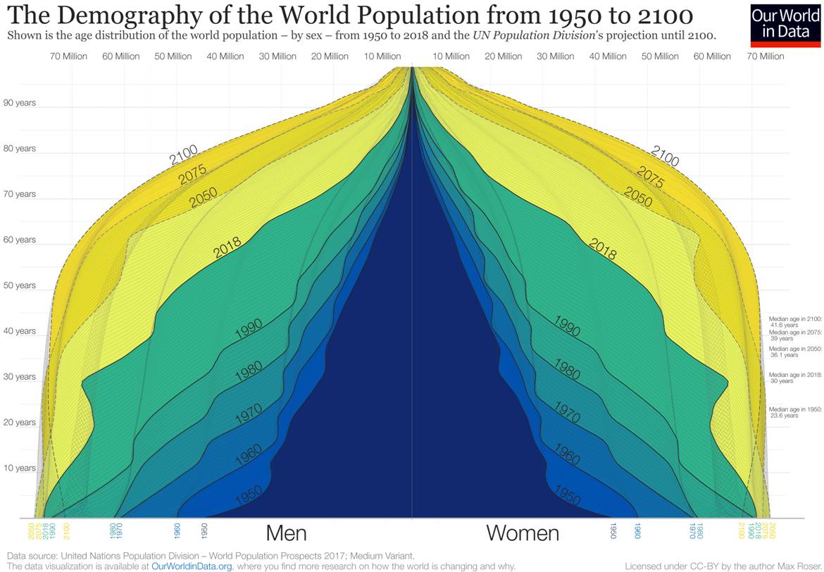 Population pyramid 1950 to 2100